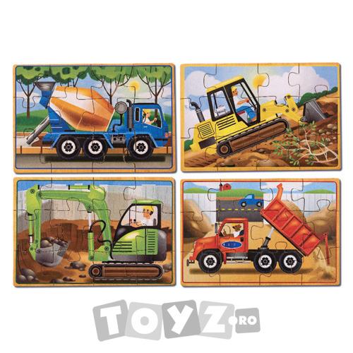Melissa & Doug Set 4 puzzle lemn in cutie: Vehicule pentru constructii (12 piese)