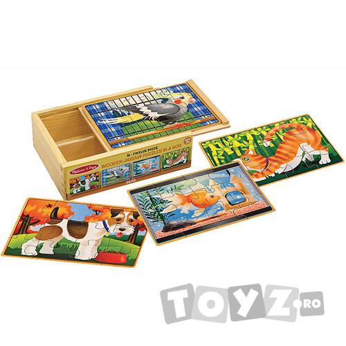 Melissa & Doug Set 4 puzzle-uri din lemn in cutie – Animale domestice (12 piese)
